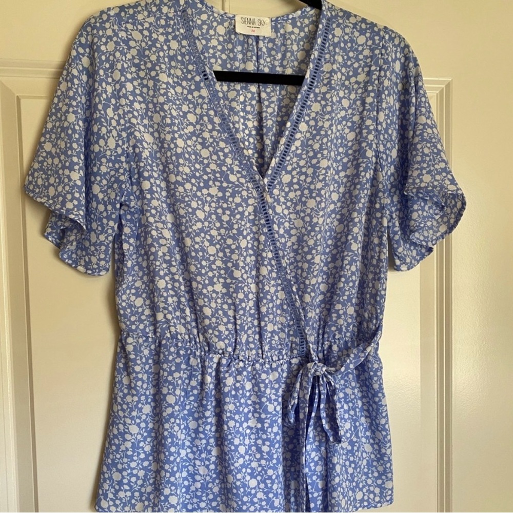 Sienna Sky Light Blue Floral Wrap Blouse